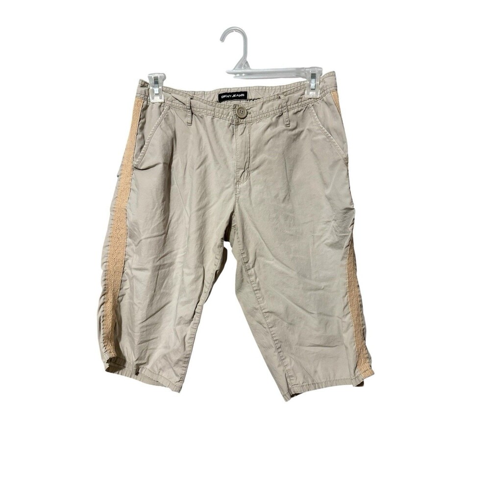 DKNY Jeans Capri Pants Size 10 Beige Cotton Stretch Lace Trim Side Panels